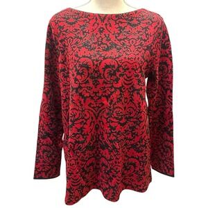 J. Jill Red Black Damask Sweater Women's M Baroque Festive Holiday Shimmer